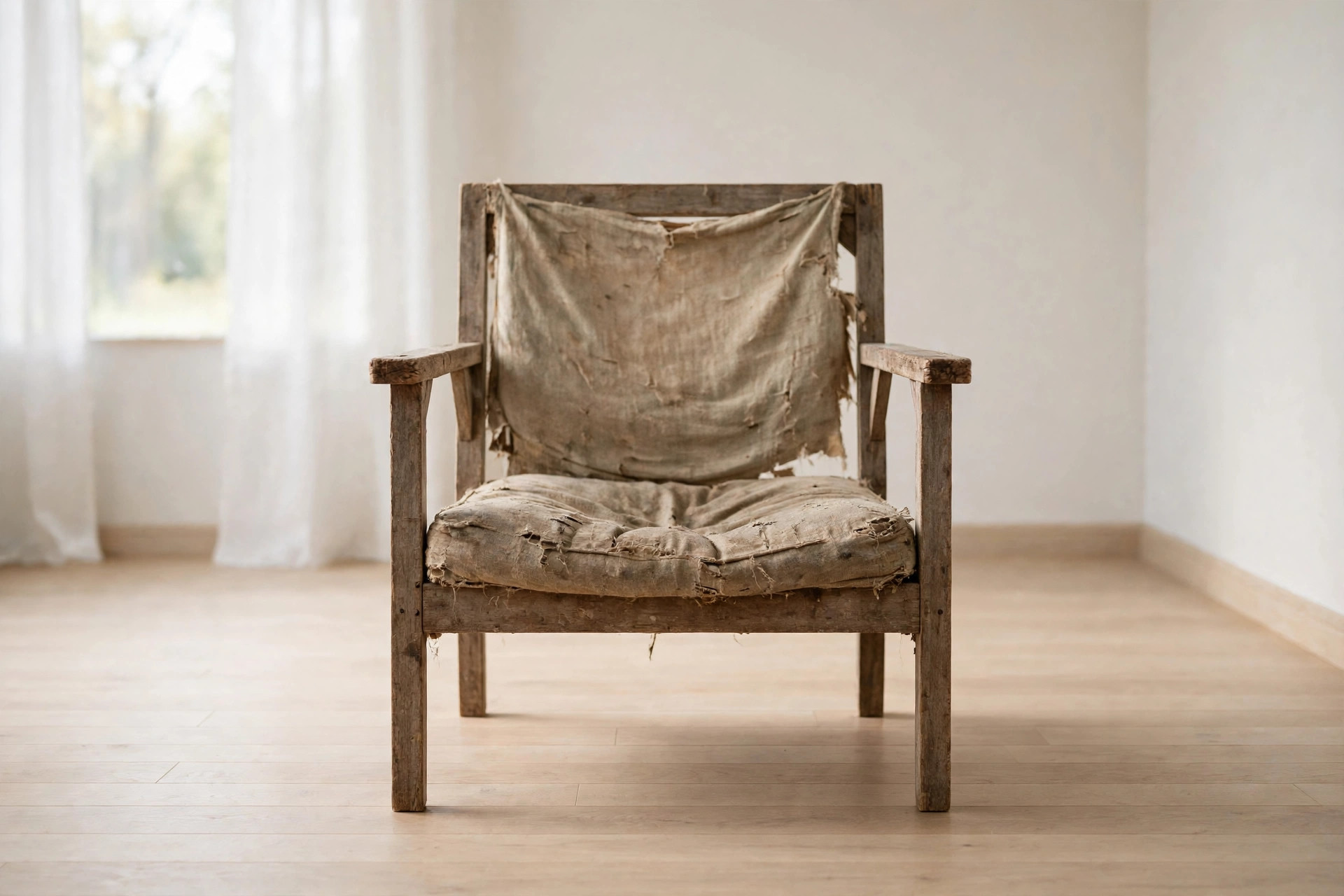 Worn wooden armchair before restoration